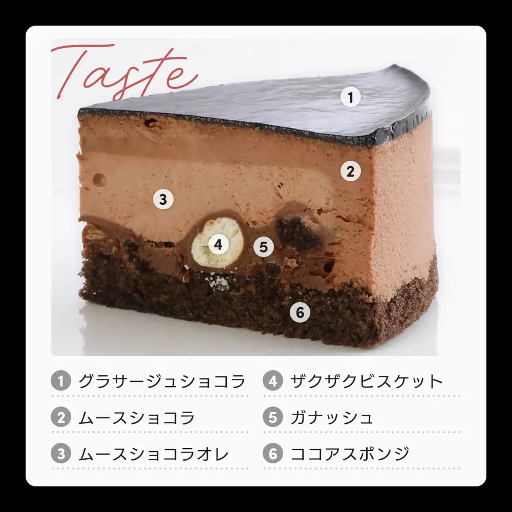 The six-layer cake combines a crunchy biscuit texture with rich ganache and two mousse varieties for a balanced flavor. The layers include: 1. Glaze chocolat with black cocoa powder (※1), 2. Refreshing mousse chocolat, 3. Gentle mousse chocolat au lait (※2), 4. Crunchy biscuits recreating Black Thunder's texture, 5. Rich chocolate ganache, 6. Cocoa sponge cake with black cocoa powder.