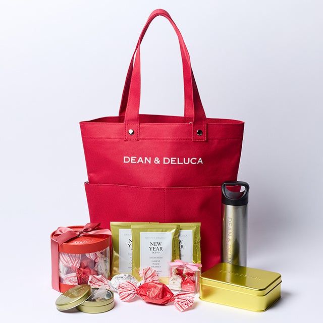 DEAN & DELUCA Winter Lucky Bag 2027 Sweets Time Assortment — ¥8,640 (tax included) <Set contents (each 1 piece)> Red shopping tote / Stainless steel bottle 260ml / New Year cookie tin (Cookies: vanilla 4 pieces, chocolate 4 pieces, salt caramel 4 pieces, meringue: matcha) / New Year blend coffee single brew 1 pack × 3 / New Year blend tea tin 3 pcs / Rippa Bar di Dama 10 pieces (almond & cacao) / Antica Torroneria Piemonteese truffle chocolates 4 pieces (panna cotta & amaretto)
