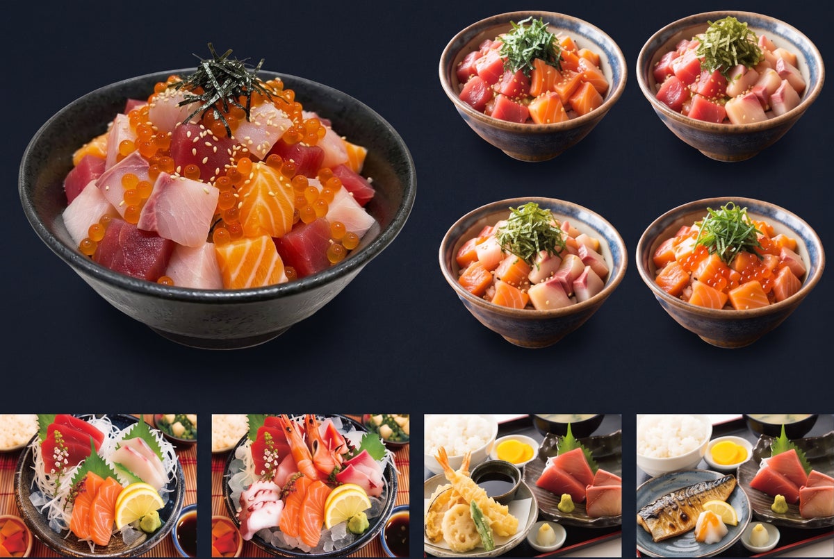 【Top Left】Limited to 10 servings per day: 'Luxurious Donburi of the Day'【Top Right】Double the deliciousness! 'Seafood & Dashi Chazuke' (Tuna and Salmon / Tuna and Yellowtail / Yellowtail and Salmon / Salmon and Salmon Roe)【Bottom Left】Sashimi 3-Variety / 5-Variety Set Meal【Bottom Right】Sashimi & Tempura Set Meal / Sashimi & Grilled Fish Set Meal