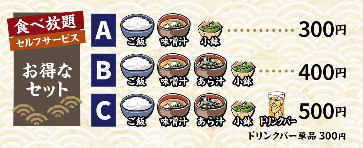 Donburi starts from ¥880 (tax included) and set meals from ¥1,380 (tax included). We offer about 30 types of donburi and set meals. Takeout is available, so you can enjoy fresh seafood at home too. Additionally, we have a great value all-you-can-eat set, exclusive to Gyokou Shokudo, known for its sashimi buffet.