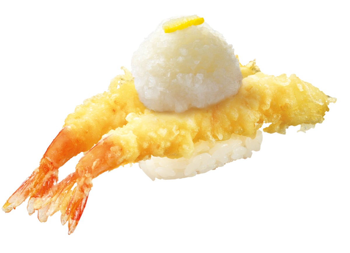Shrimp tempura nigiri with yuzu oroshi and Kochi yuzu juice ¥160 (tax included ¥176).