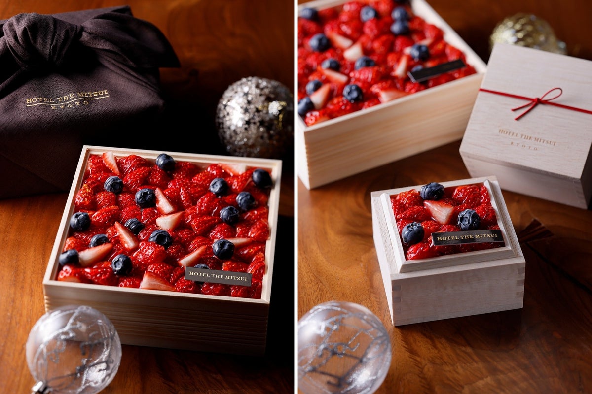 The Kyoto-produced Christmas cake, made with locally grown strawberries, is a beautiful shortcake filled with smooth vanilla-flavored fresh cream and sponge cake crafted by pastry chefs. Available in a 15cm×15cm size for ¥10,000 (tax included) with a traditional furoshiki wrapping, and a smaller 7cm×7cm size for ¥3,000 (tax included), perfect for holiday gifts or solo enjoyment.