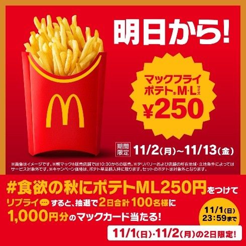 ¥250 McDonald's McFry Potato M/L in Japan — Nov 2–13 November 2