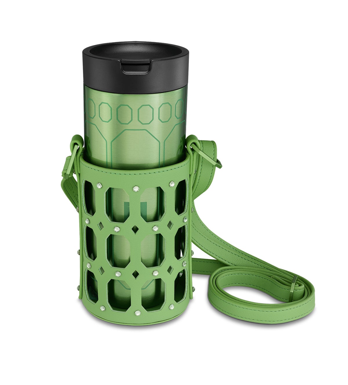'Travel Mug Green (with Crystal Holder)' is a limited stainless steel travel mug with Swarovski's sparkling pattern. It features 36 green crystals in a dedicated holder, perfect for elegant winter outings. Price: ¥11,550 (tax included). Capacity: 560ml.
