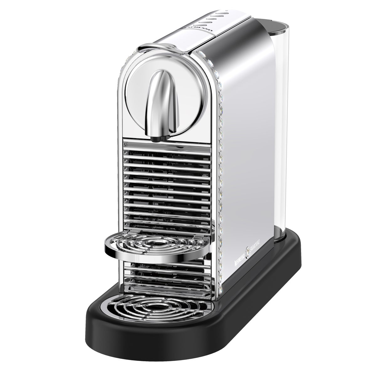 'Cityz Platinum Swarovski' combines Nespresso's craftsmanship with Swarovski's delicate brilliance, adorned with sparkling crystals, making it an ideal gift. Price: ¥44,000 (tax included). Product dimensions: W 13.0 x D 38.9 x H 27.4 cm. Water tank capacity: approx. 1.0L. Weight: approx. 4.0kg. Power consumption: 1270W.