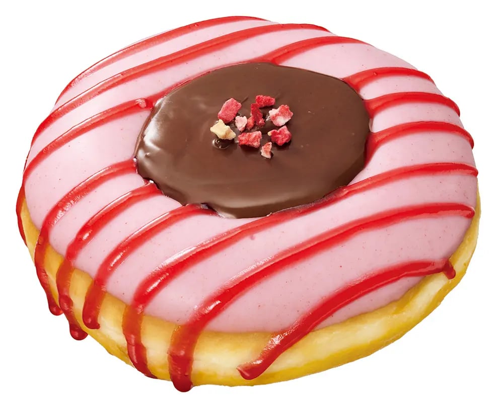 'Strawberry Tart with NUTELLA®' is available from November 1, 2026, until late November, while supplies last. Price: ¥410 (tax included), ¥418 (eat-in). This new Nutella® collaboration donut has a sweet and sour strawberry coating with a strawberry juice glaze, a biscuit embedded in the ring, topped with rich and creamy Nutella®, and finished with freeze-dried strawberries.