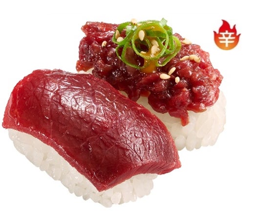■Product Name: Horse Sashimi Comparison ■Price: ¥360 (tax included) ■Sale Period: October 14 (Wed) to October 25 (Sun), 2026. Ends when 430,000 servings are sold out. Prices may vary by store. Sales may continue depending on sales status during the period. Check the Sushirow app or website for details. Not available for takeout. Contents: lean meat (with sesame oil and salt), shredded yukhoe with egg yolk soy sauce