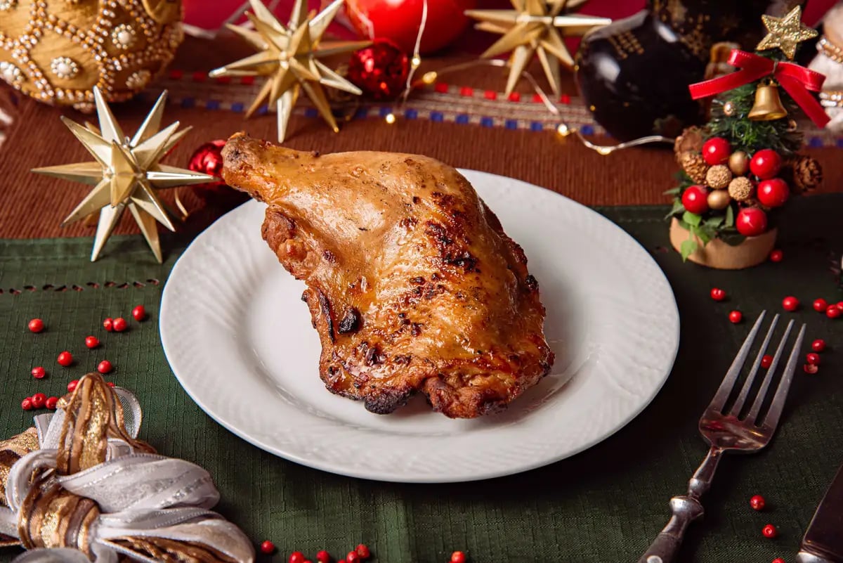 Bone-in Christmas-smoked chicken.