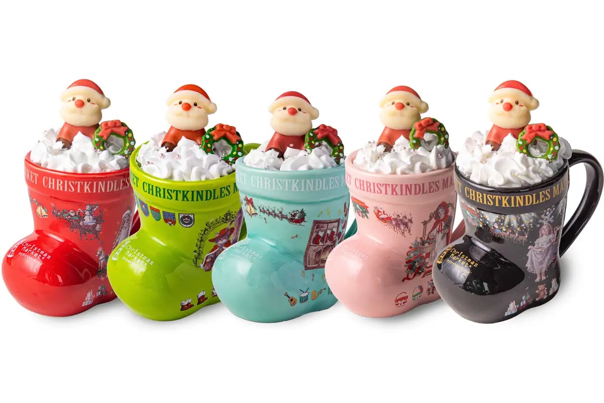 Assorted hot drinks (includes a Christmas boot mug).