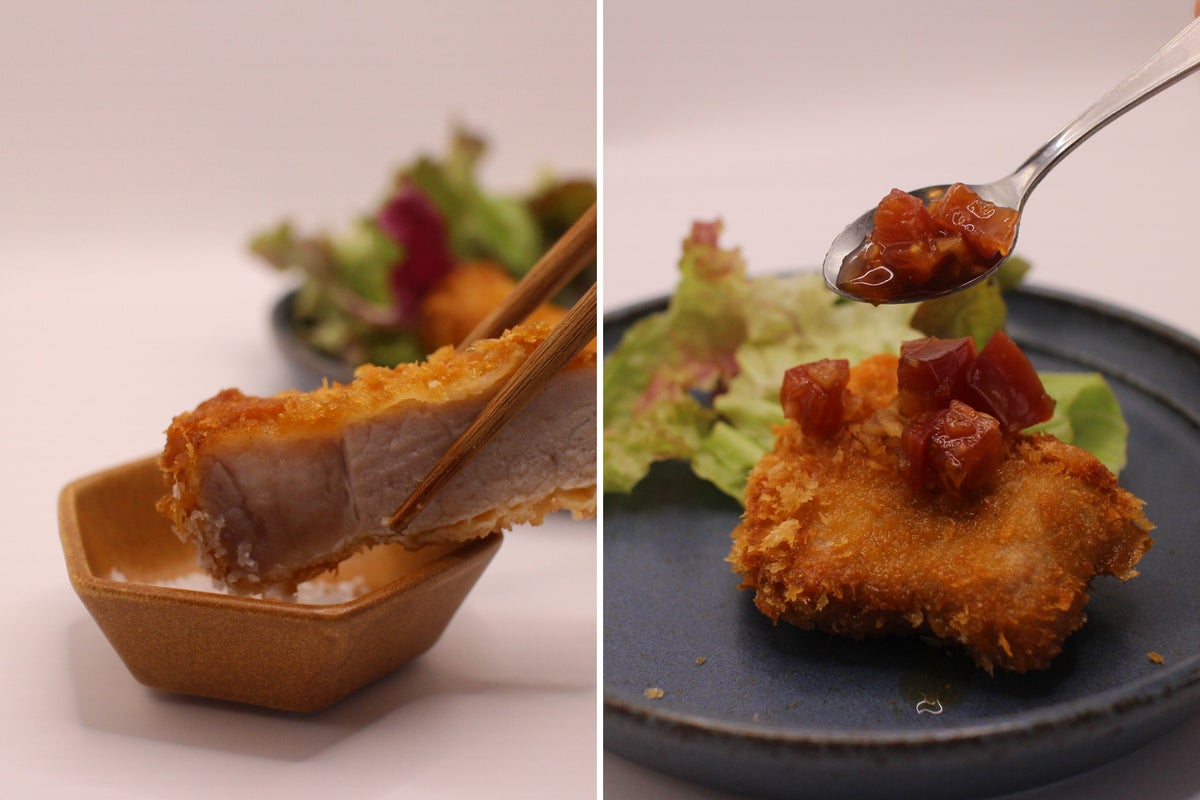 Rock salt for the pork loin cutlet and Japanese-style tomato salsa for the hirekatsu, tailored to each cut's flavor profile.