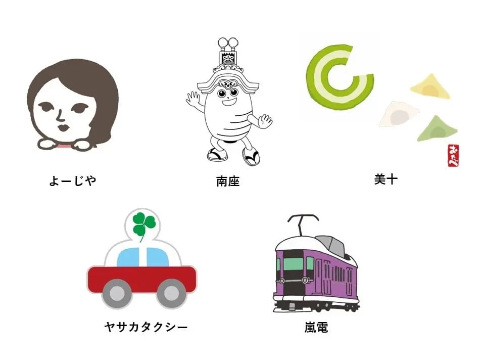 At UNIQLO Kyoto's RE.UNIQLO STUDIO, five designs featuring original embroidery from five companies will be displayed, including the promotional director of Minami-za in Kyoto, Minami-na, the corporate character Yojiko from Yojya Group, the Randen tram operated by Keifuku Electric Railroad, Yasaka Taxi operated by Yae Motors, and original embroidery of Otabe and Kyo Baum from Mito.